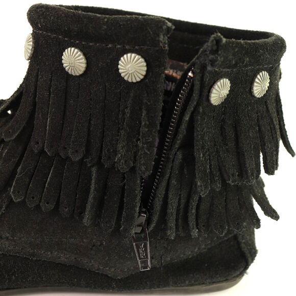 Minnetonka Double Fringe Ankle Booties Black Suede Moc Toe Zip 6 - Picture 4 of 9